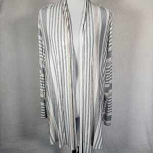 Soft Surroundings Striped Open Front Cardigan Grey Tan Petite Large